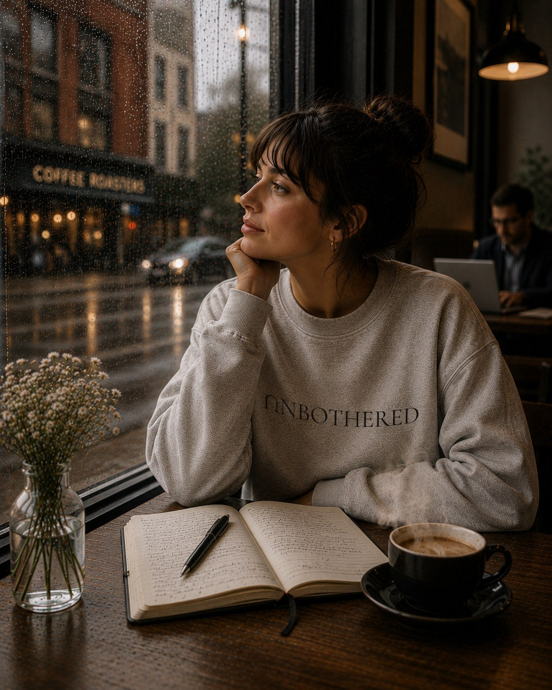 A cafe window in the rain