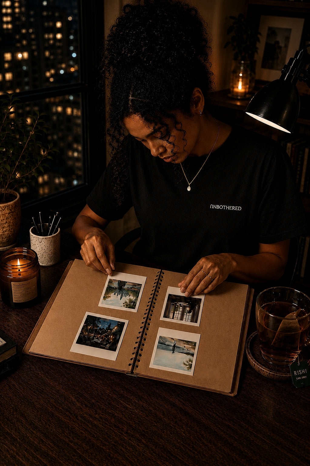 Black Unbothered Tee while quietly assembling a scrapbook at the end of the day.